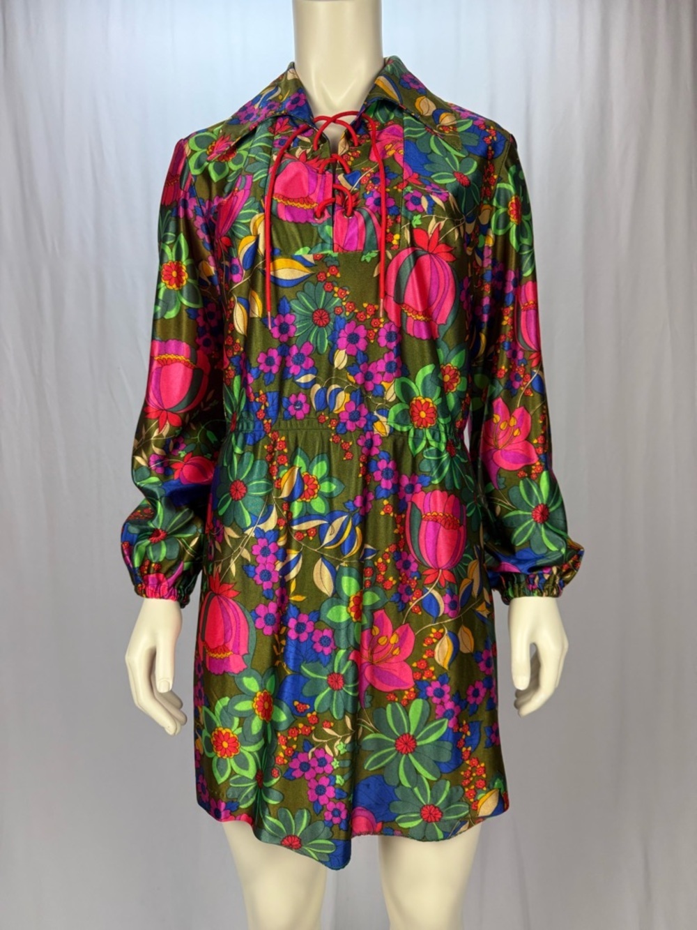 Vintage 60s 70s Mod Floral Mini Dress Boho Psychedelic Lace-Up Neck Long Sleeve